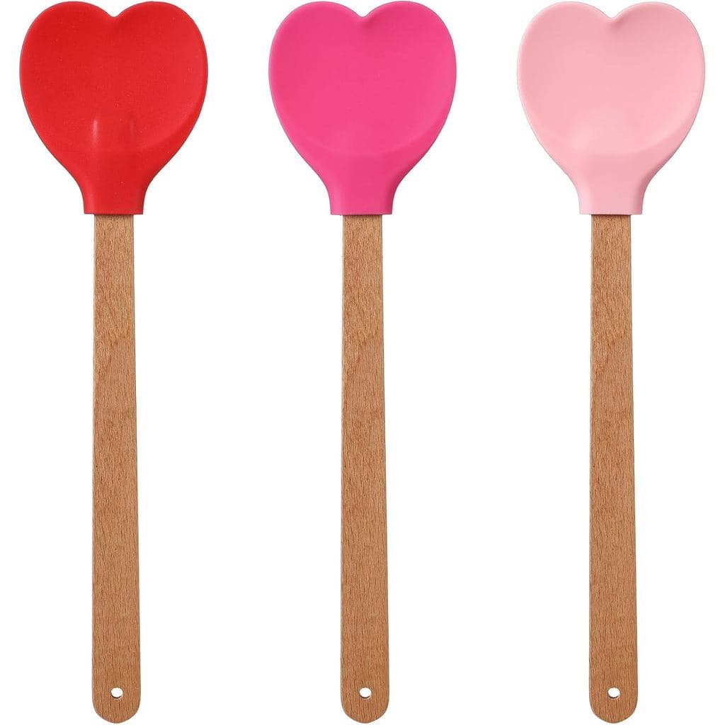 Conjunto de 3 colheres de silicone em forma de coração, cores vermelha, rosa e rosa claro, com cabos de madeira