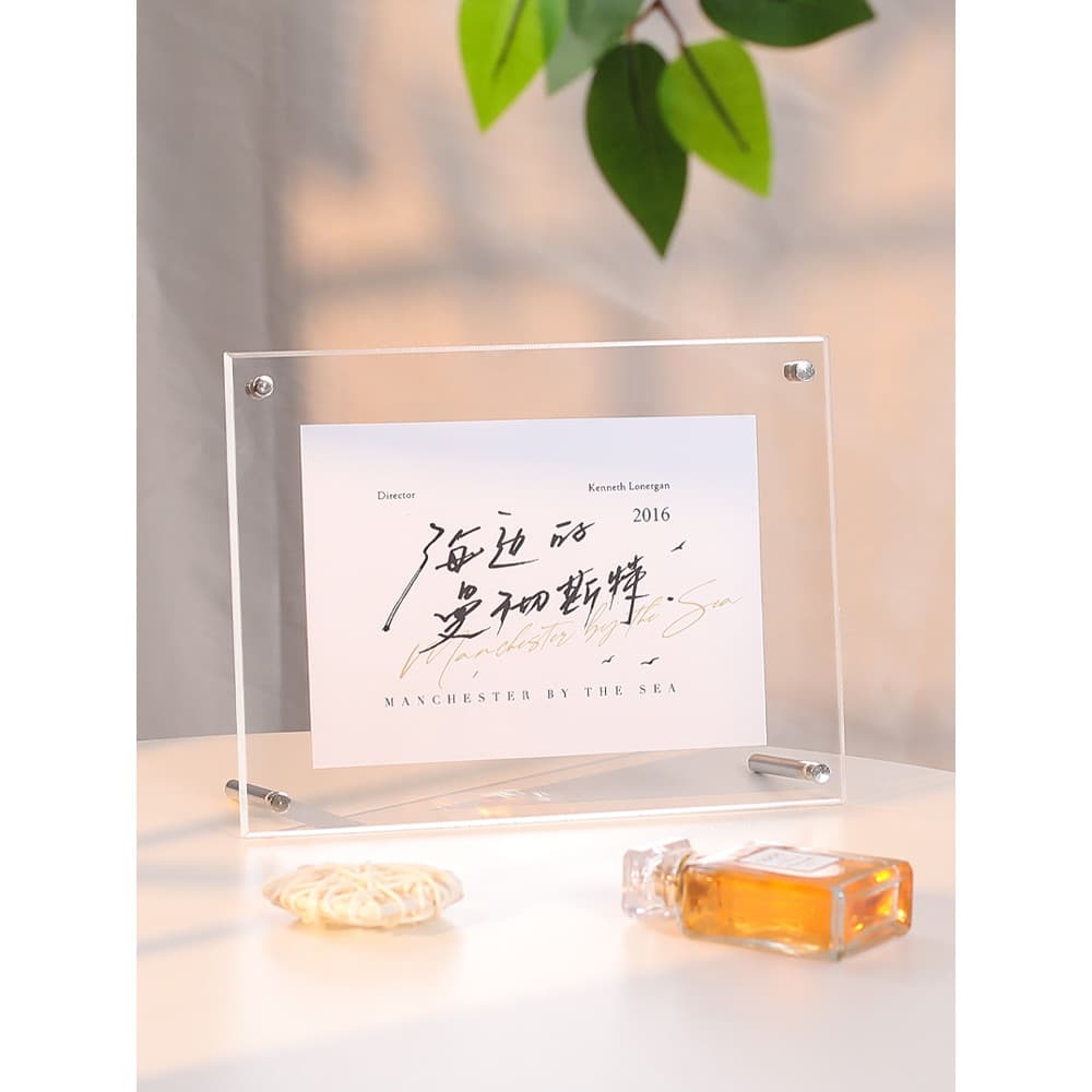 Moldura de acrílico transparente com papel branco e texto preto, decoração de mesa