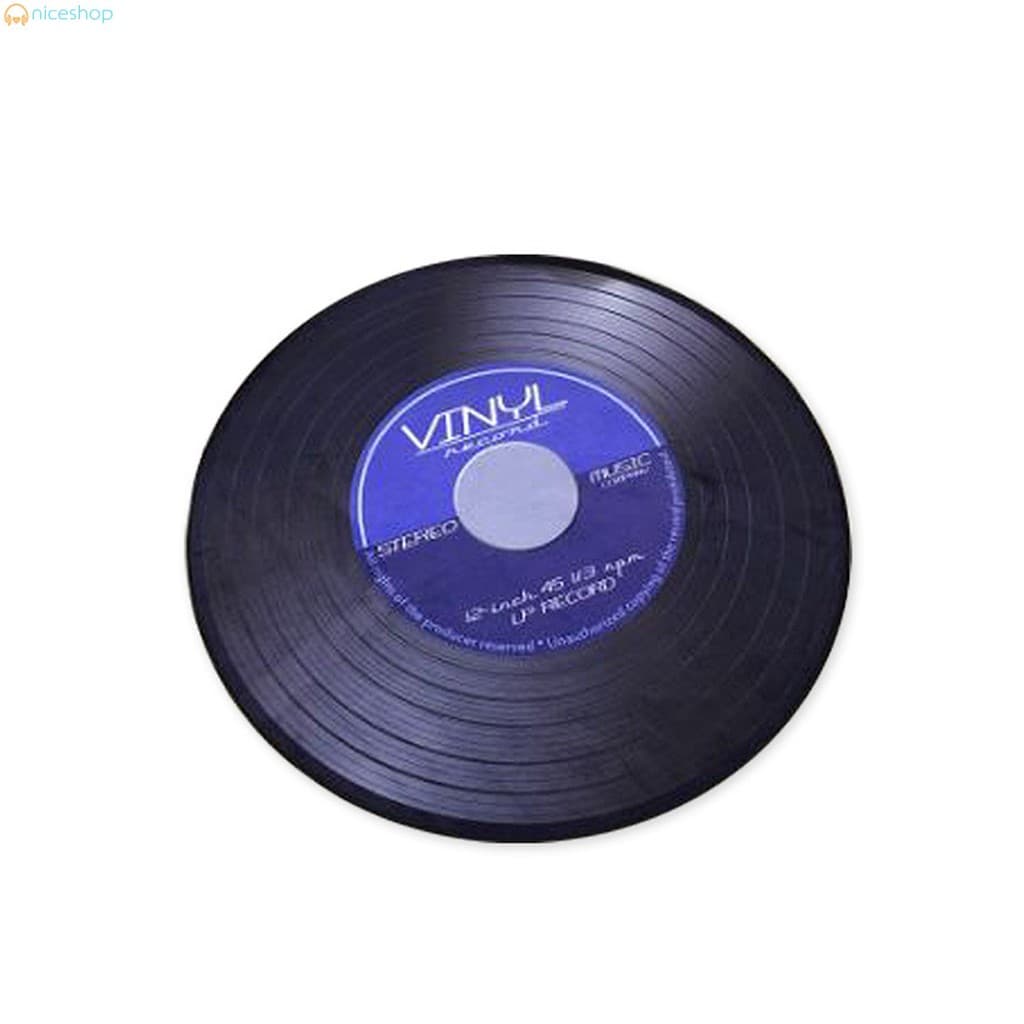 Tapete de registro de vinil em forma de disco redondo com fundo azul e texto branco