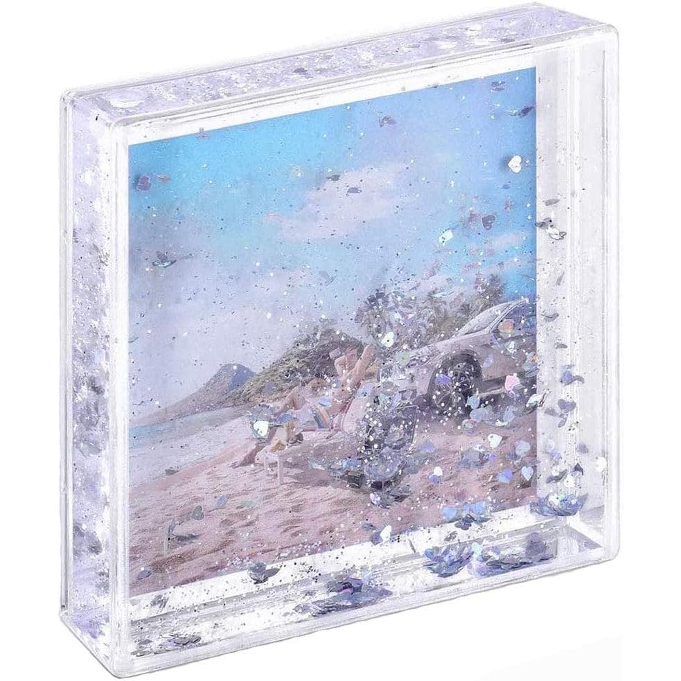Porta-retratos quadrado 4x4 com glitter prateado e branco, imagem de praia.