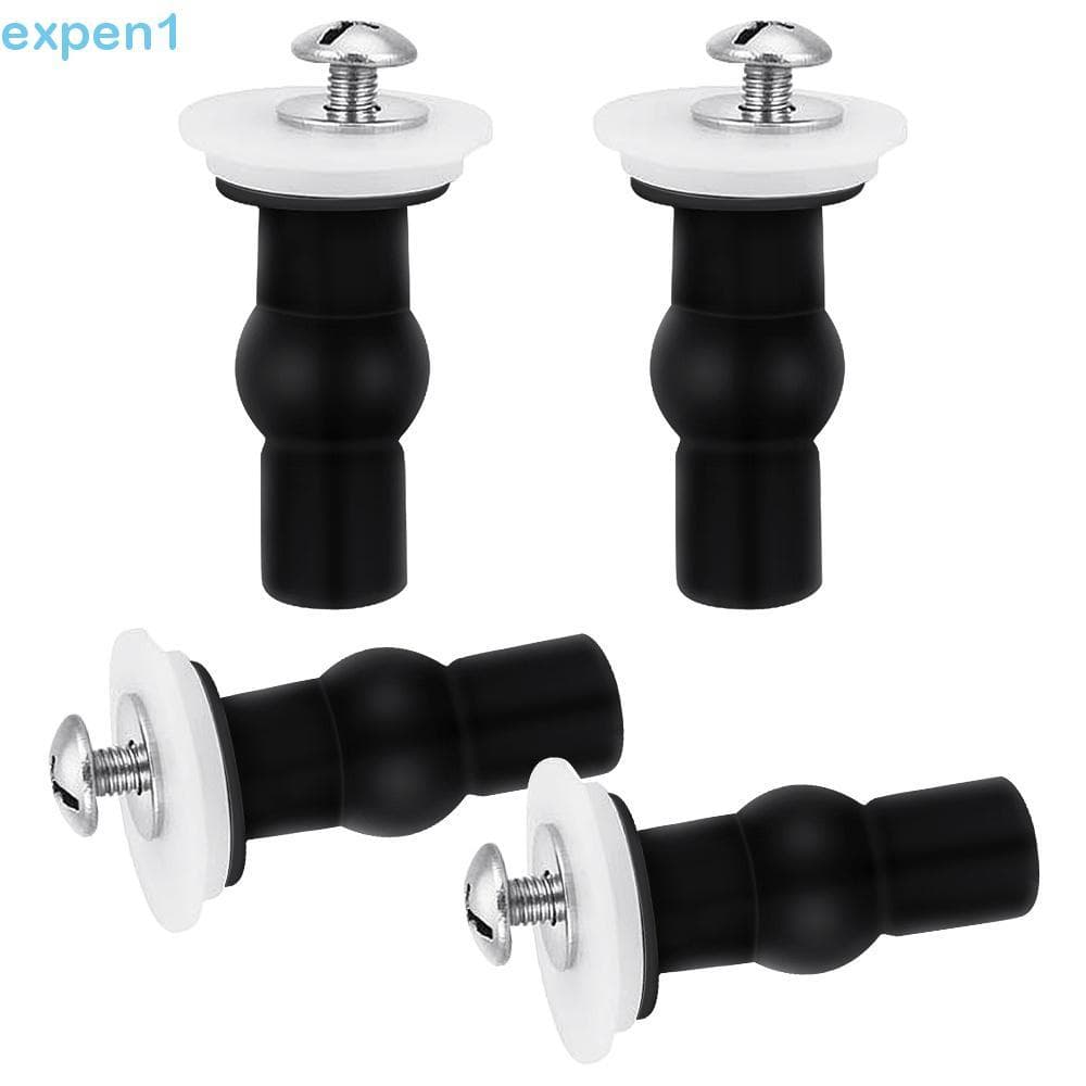 Kits de reposição para vaso sanitário, peças preto e branco com rosca e parafusos de fixação.