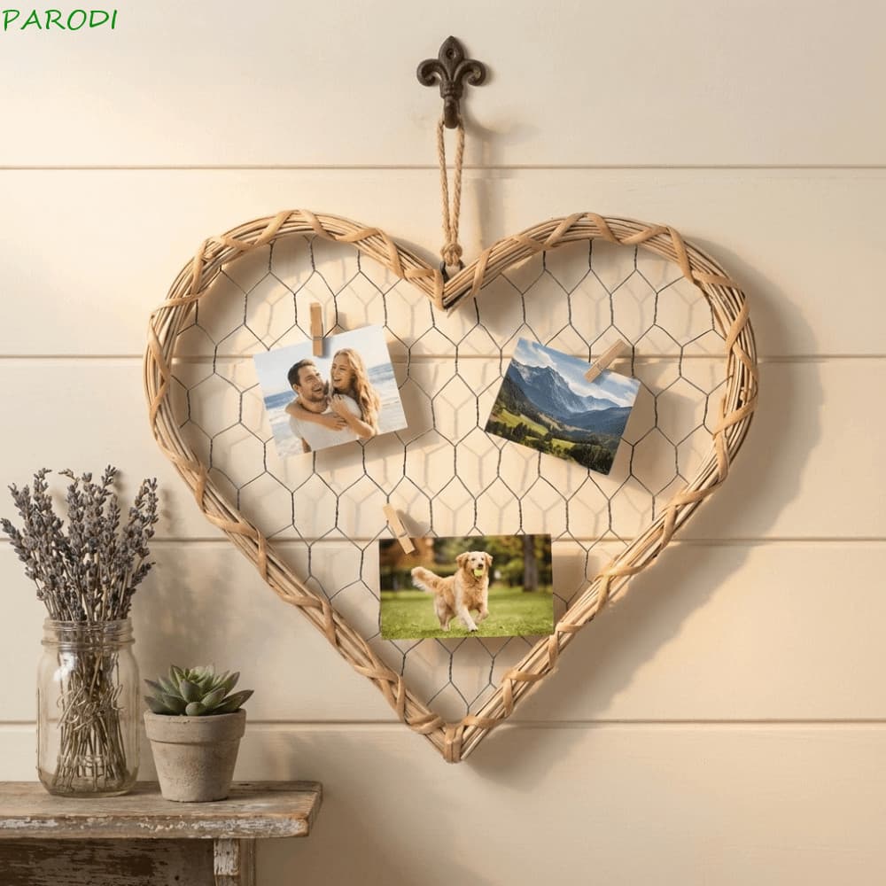 Moldura em forma de coração rústica para decoração de parede com fotos penduradas
