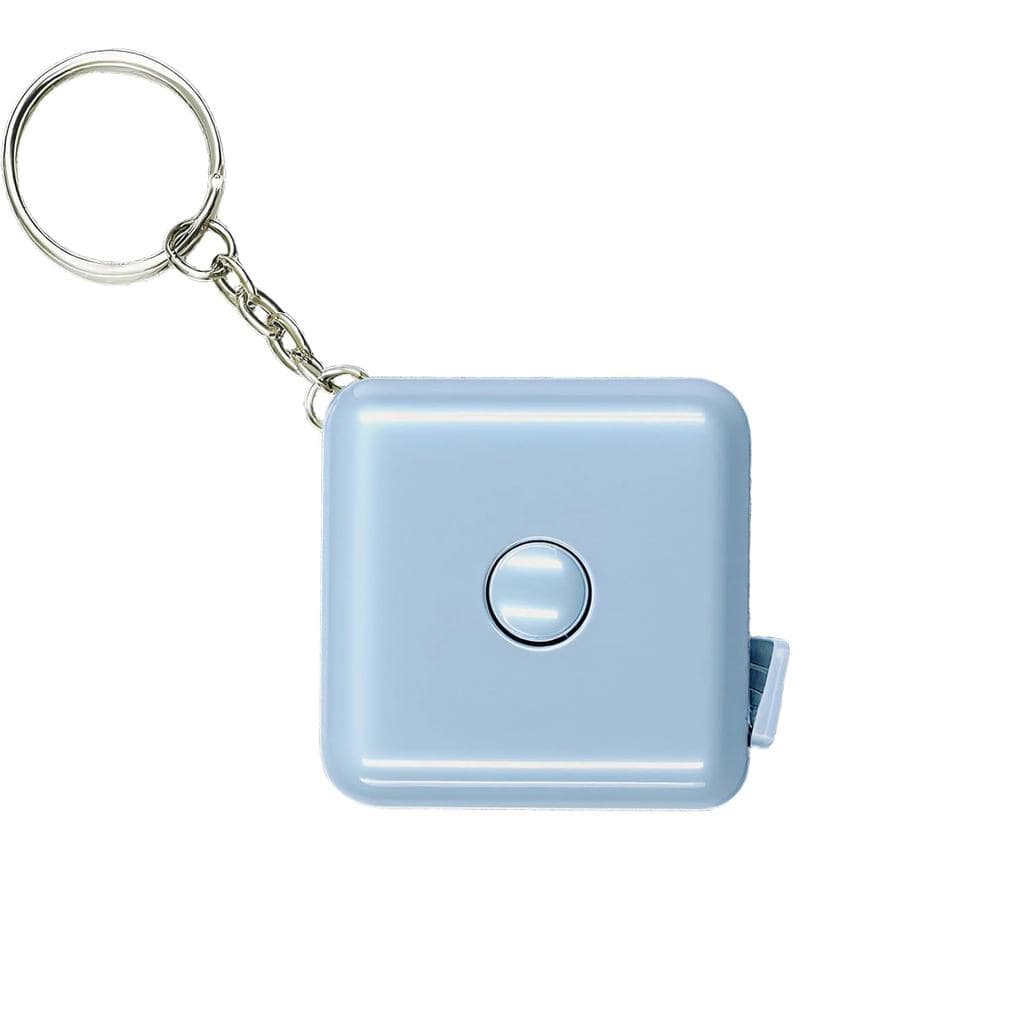 Fita métrica compacta azul claro com botão central e clipe para chaveiro