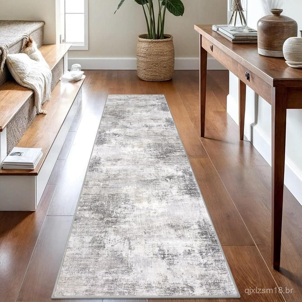 Tapete passadeira abstrato cinza e branco 2x8 pés, antiderrapante, ideal para corredores e cozinhas