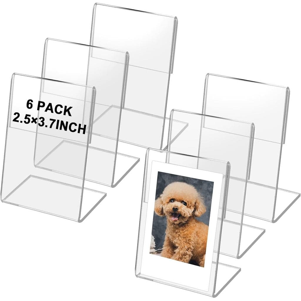 Pacote com 6 porta-retratos transparentes de acrílico de 2.5x3.7 polegadas, com uma foto de um cão poodle.