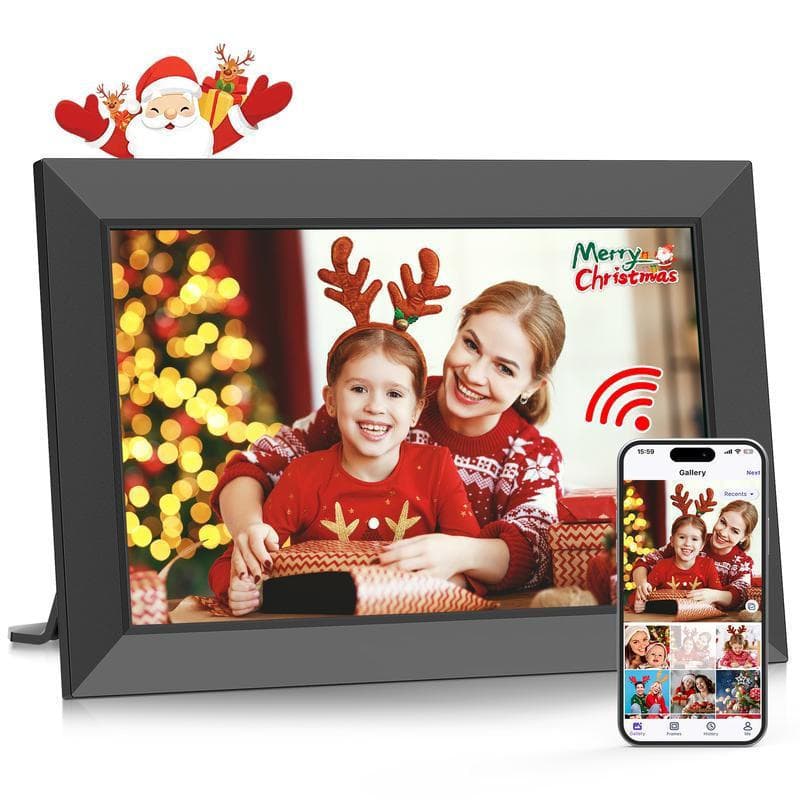 Porta-retrato digital Uhale 10,1 polegadas com tela preta, imagem de família de Natal, interface de aplicativo de smartphone