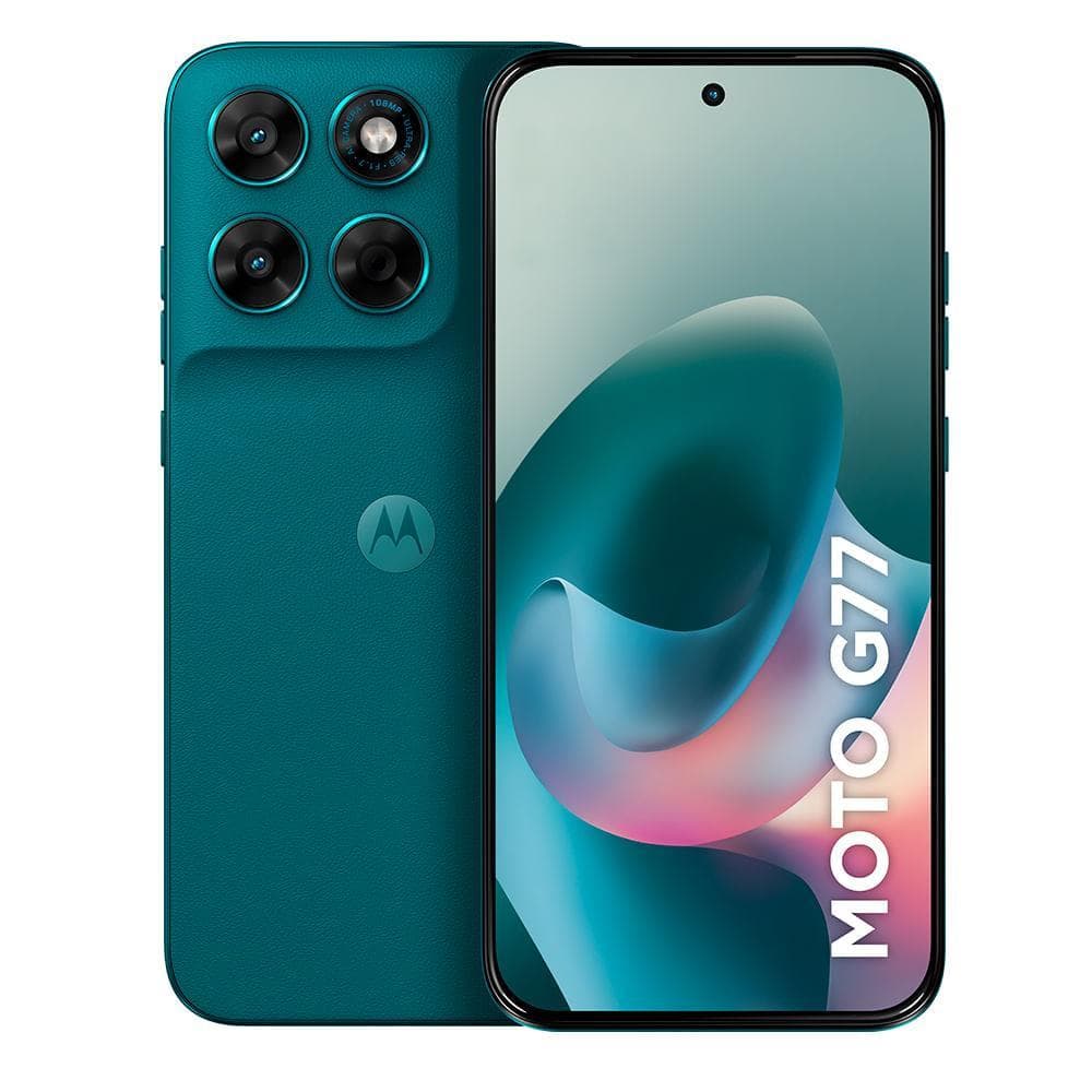 Smartphone Motorola Moto G77 5G, cor verde escuro, com câmera traseira quádrupla e logo Motorola
