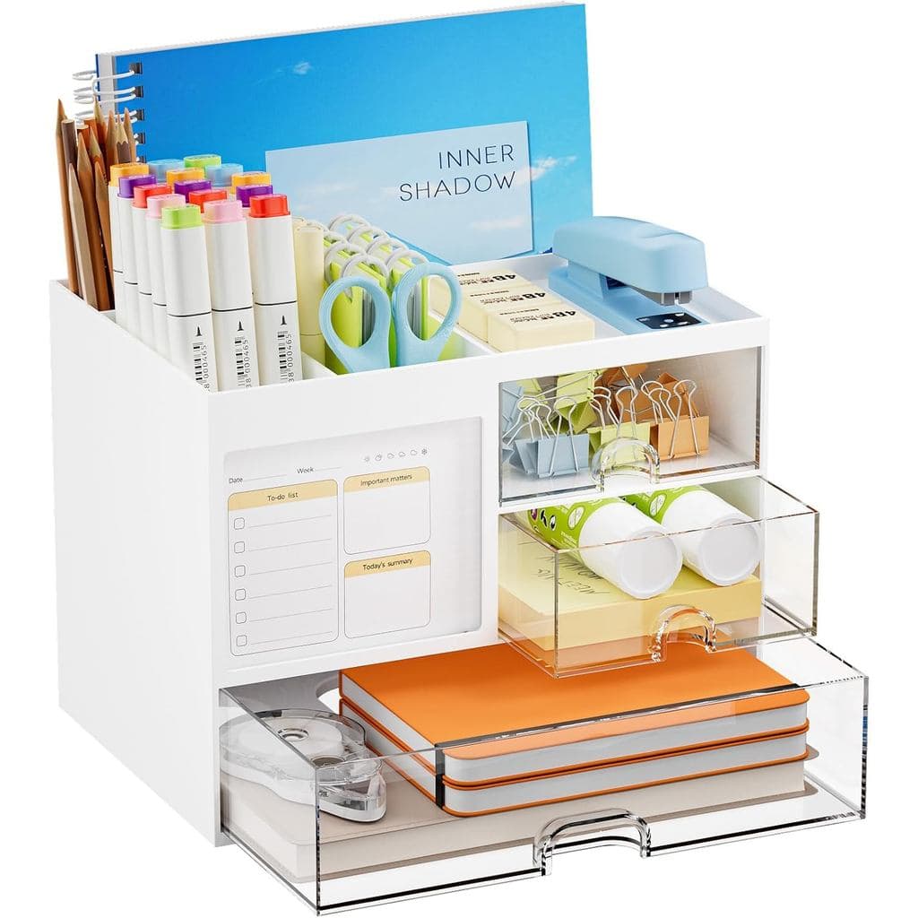 Organizador de mesa branco com três gavetas transparentes para escritório
