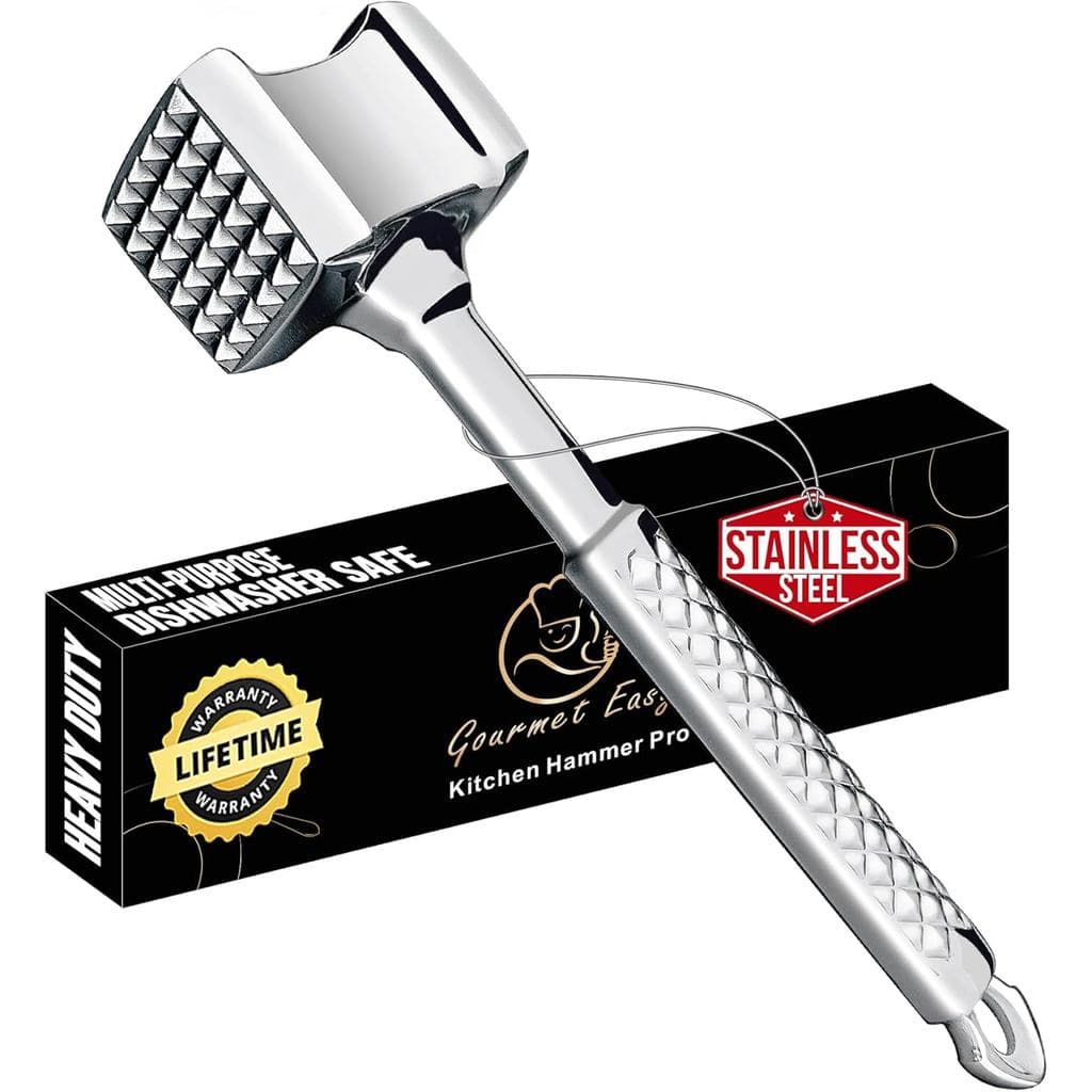 Martelo de carne premium em aço inoxidável com cabo antiderrapante, Ferramenta de cozinha, aço inoxidável, cabo antiderrapante, superfície texturizada