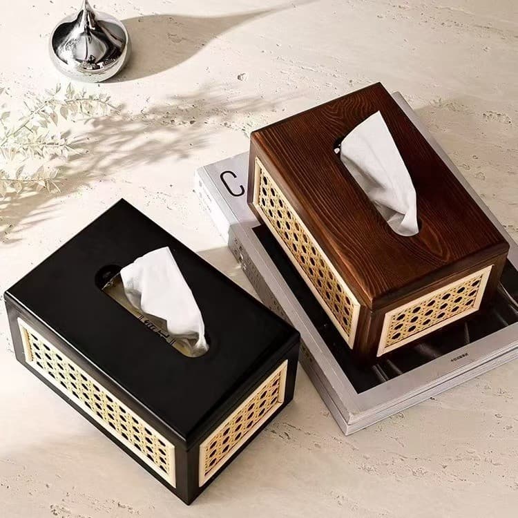 Caixa de lenços de madeira maciça estilo japonês com imitação de rattan, caixa de lenços de rattan de alta estética para