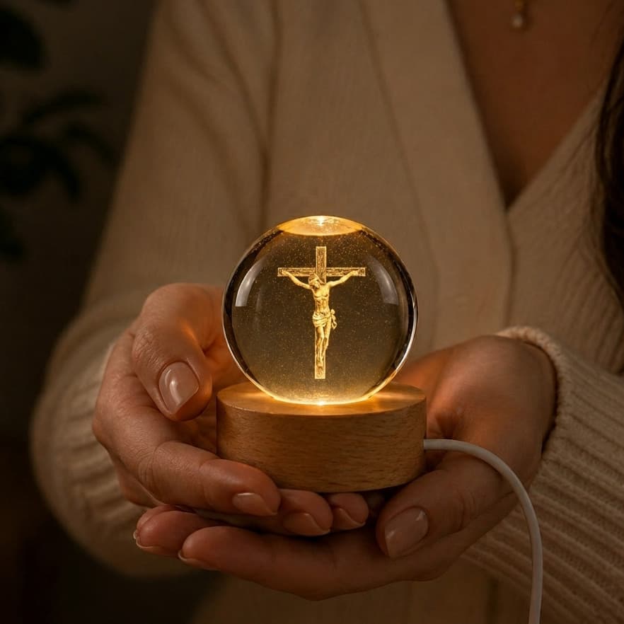 Luminária de mesa bola de cristal Jesus Cristo cruz iluminada