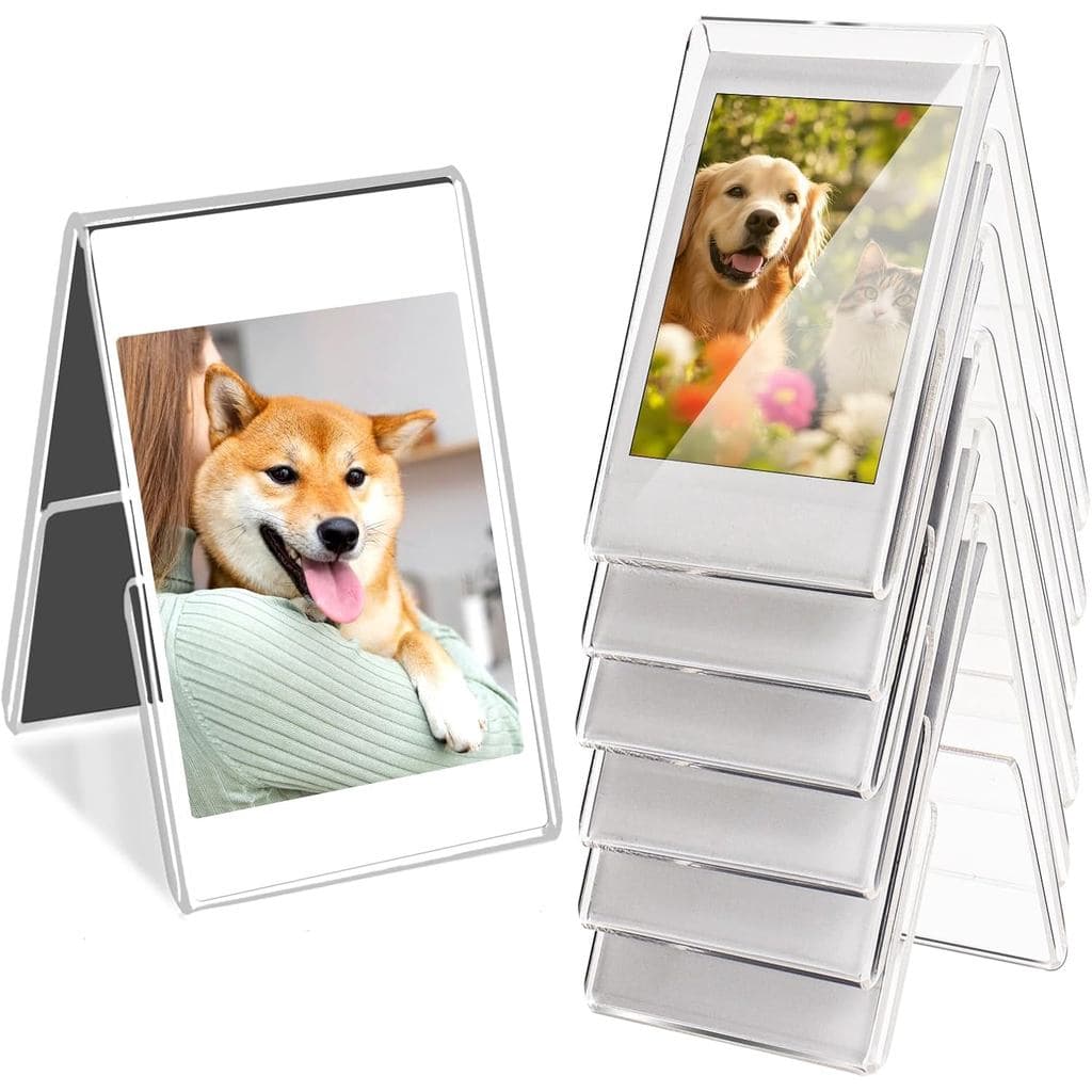 Porta-retratos 2x3 transparente com fotos de cão e gato, suporte em camadas, fundo branco