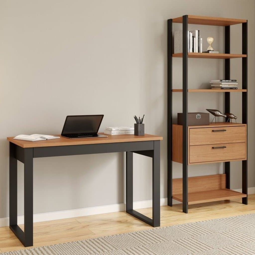 Conjunto 2 Peças com Escrivaninha 1 Gaveta 118cm e Estante Torre 2 Gavetas 100% MDF Freijó Preto