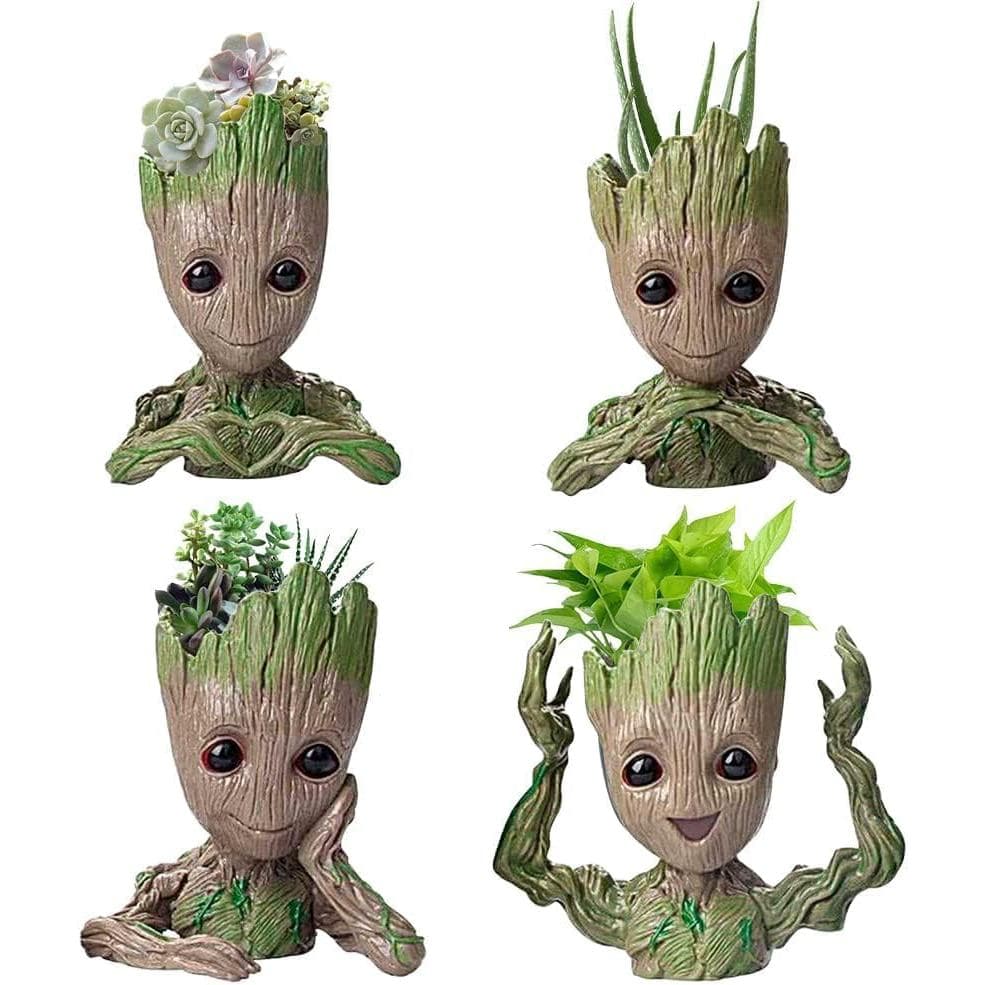 Conjunto de 4 vasos de suculentas em formato de Grão Groot, diferentes tipos de plantas