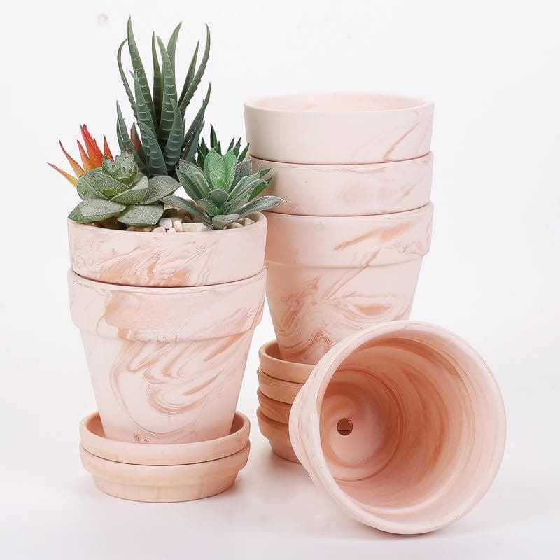 Conjunto de seis vasos de barro branco de 4 polegadas com padrão marmorizado e plantas de suculentas