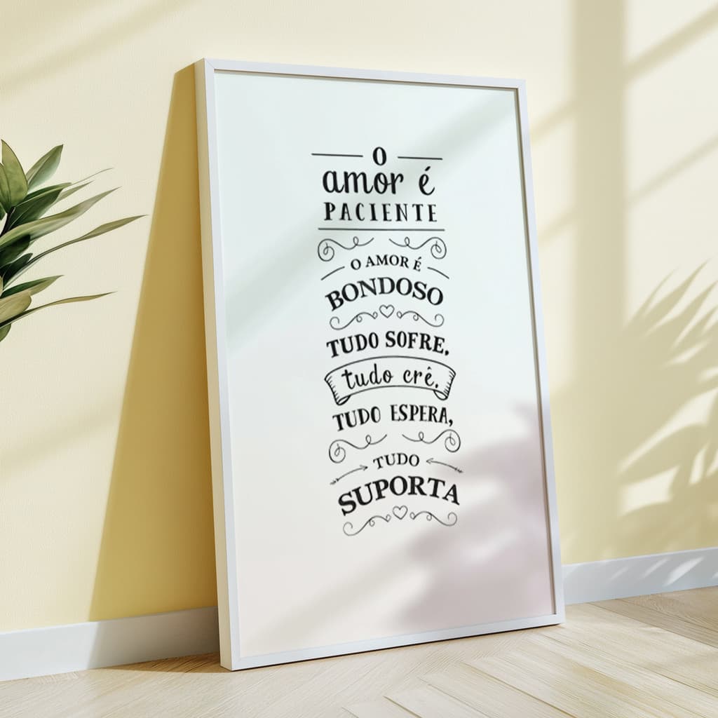 Quadro com Moldura Amor É Paciente Coríntios Frase Bíblica Tipografia Religioso Fé