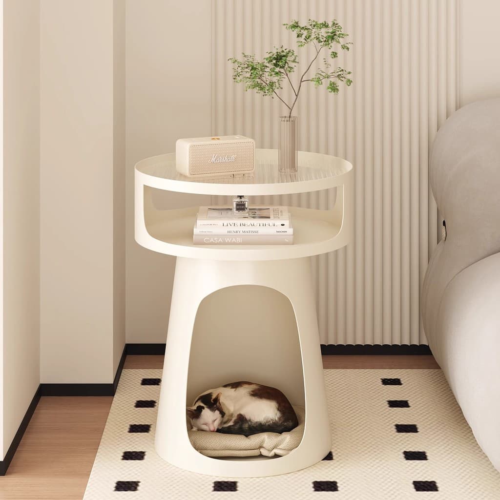 Mesa lateral removível estilo creme com compartimento para gatos, livros e planta em vaso