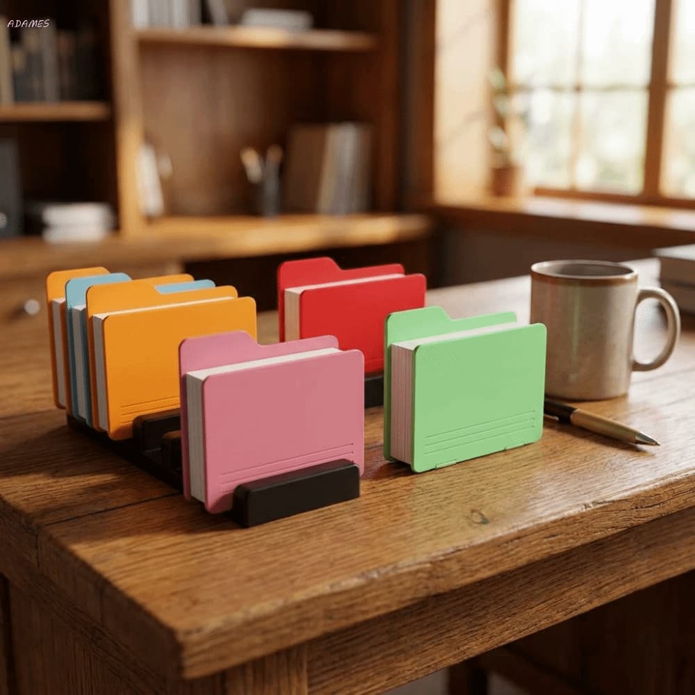 Álbum de fotos ADAMES em cores vibrantes, suporte dobrável, mesa de madeira, xícara e caneta
