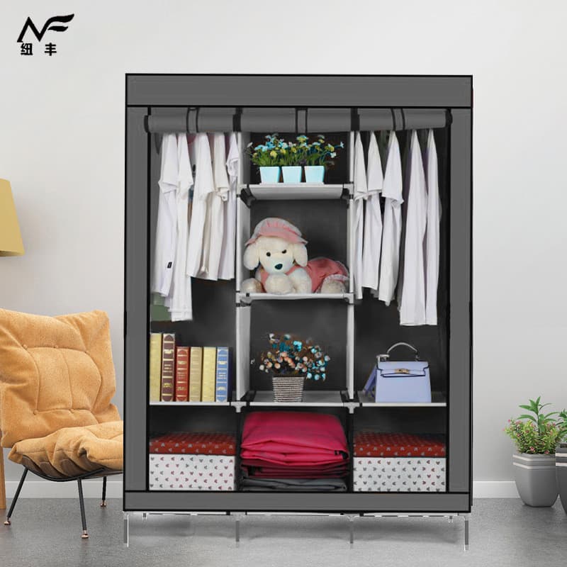 Combinação de guarda-roupa simples, guarda-roupa de tecido não tecido com quatro zíperes, comprimento estendido, guarda-