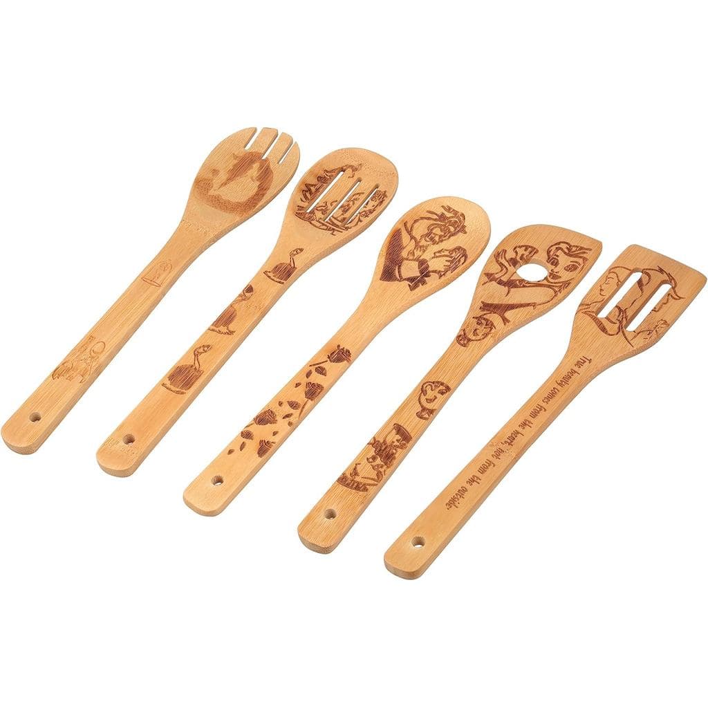 Conjunto de 5 espátulas e colheres de bambu com desenhos animados em relevo