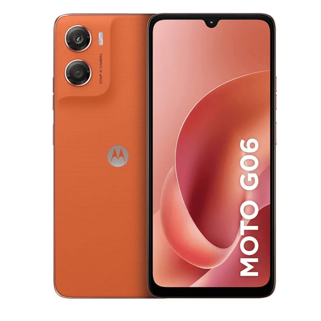 Imagem do smartphone Moto G06 XT2535-3, cor laranja, mostrando a parte traseira e frontal.