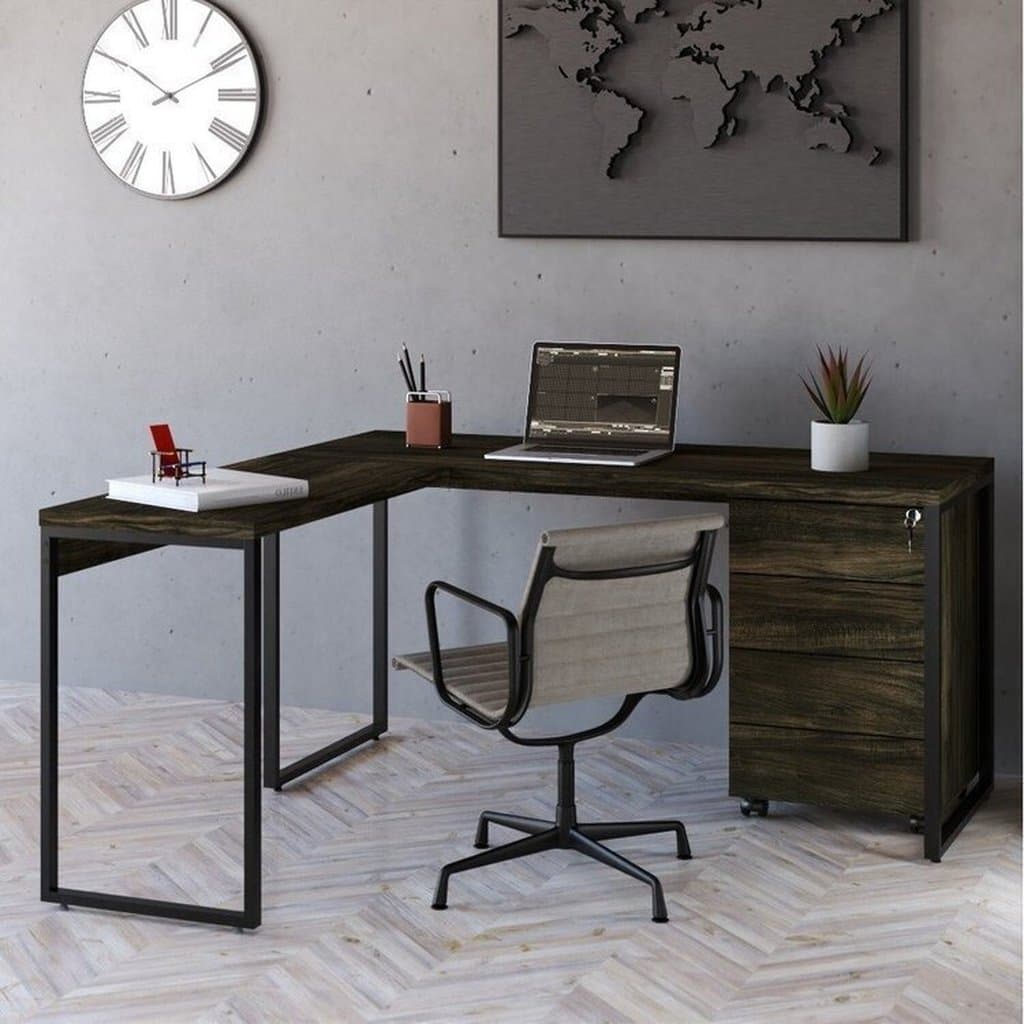 Escrivaninha Mesa Escritório em L Estilo com Gaveteiro Volante 4 Gavetas 150cm Carvalho Yescasa Dark Carvalho Dark