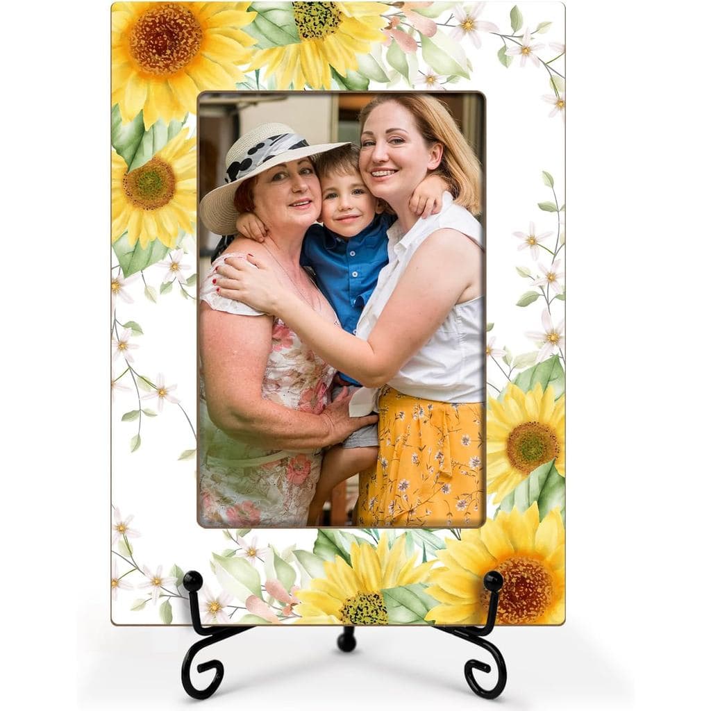 Porta-retratos de Girassol, Porta-retratos de Madeira para Fotos de Família - Suporte Vertical 4x6 - Perfeito para Mesa 