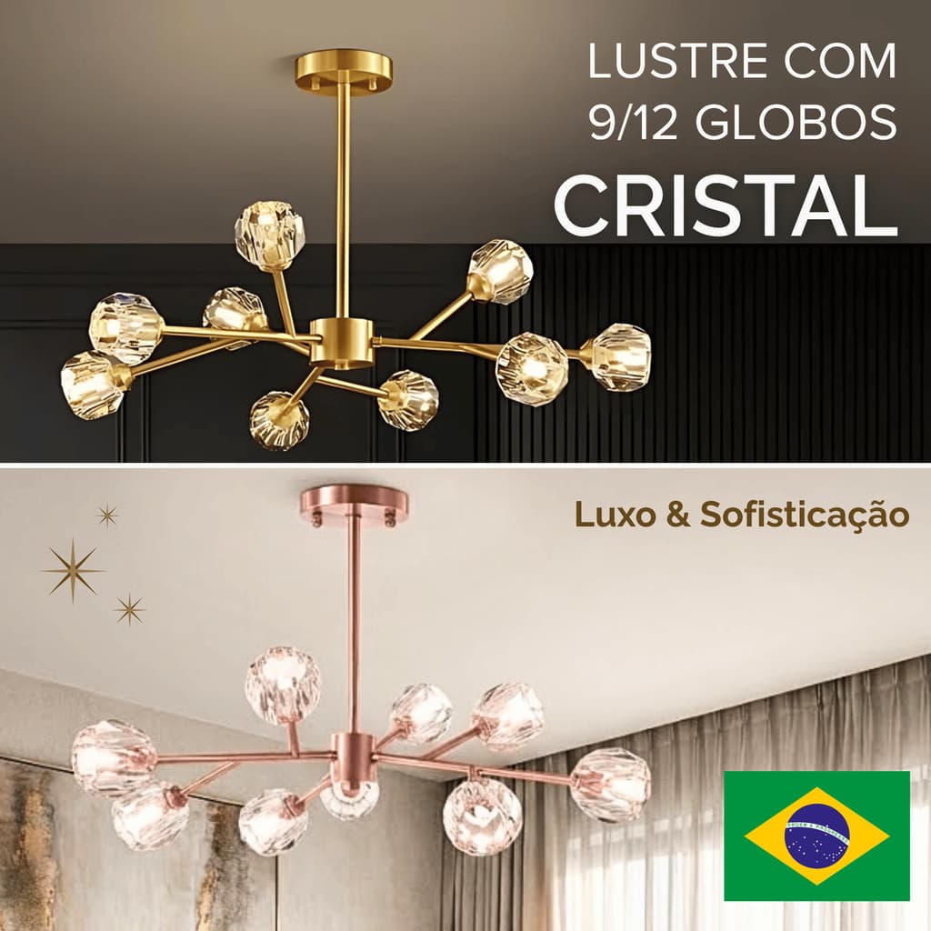 Lustre com 9/12 globos de cristal dourado e rose gold, luxo e sofisticação, design moderno