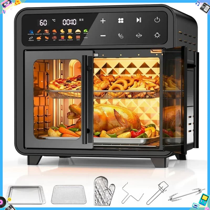 Air Fryer Forno 25L French Door Mondial-Air Fryer Forno 5 em 1 1500W Digital Espeto Giratório 2 Bandejas Antiaderentes
