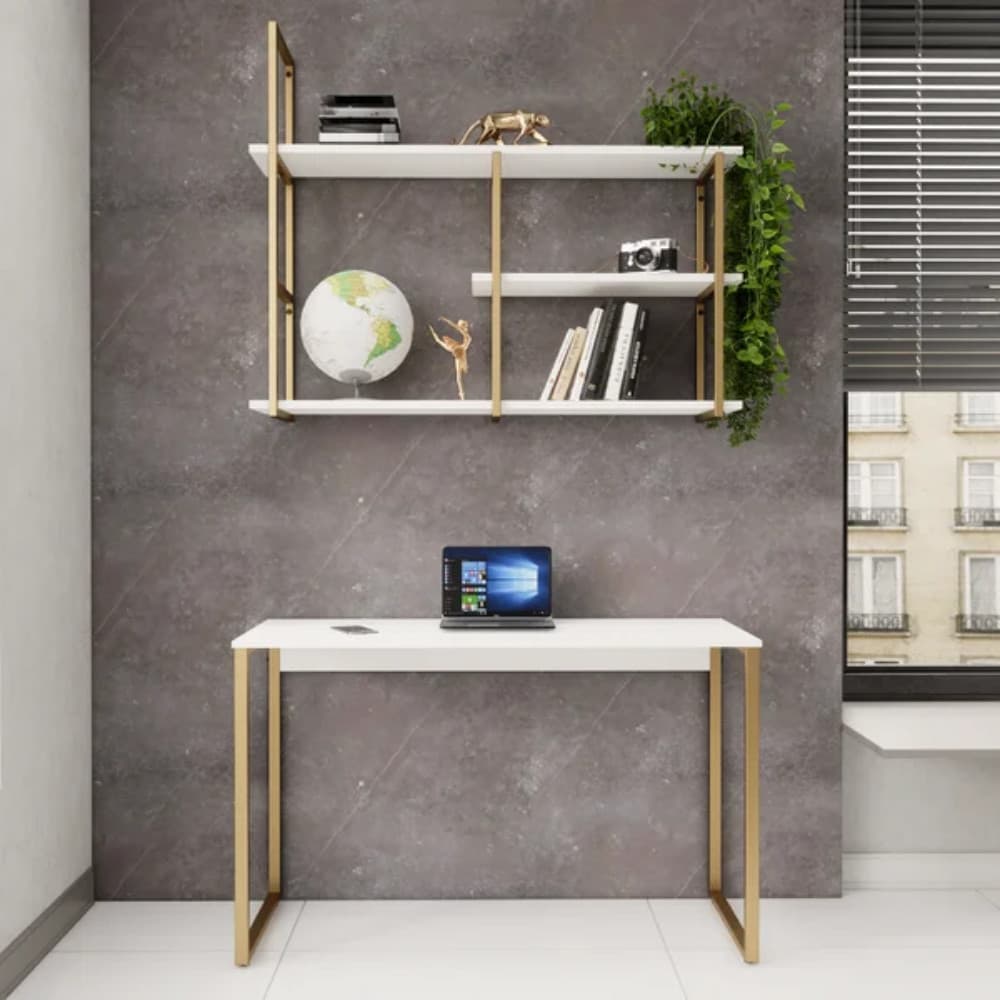 Prateleira Industrial 3 Níveis - Suporte Metal Dourado - Nicho Industrial - 3 Prateleiras em MDF