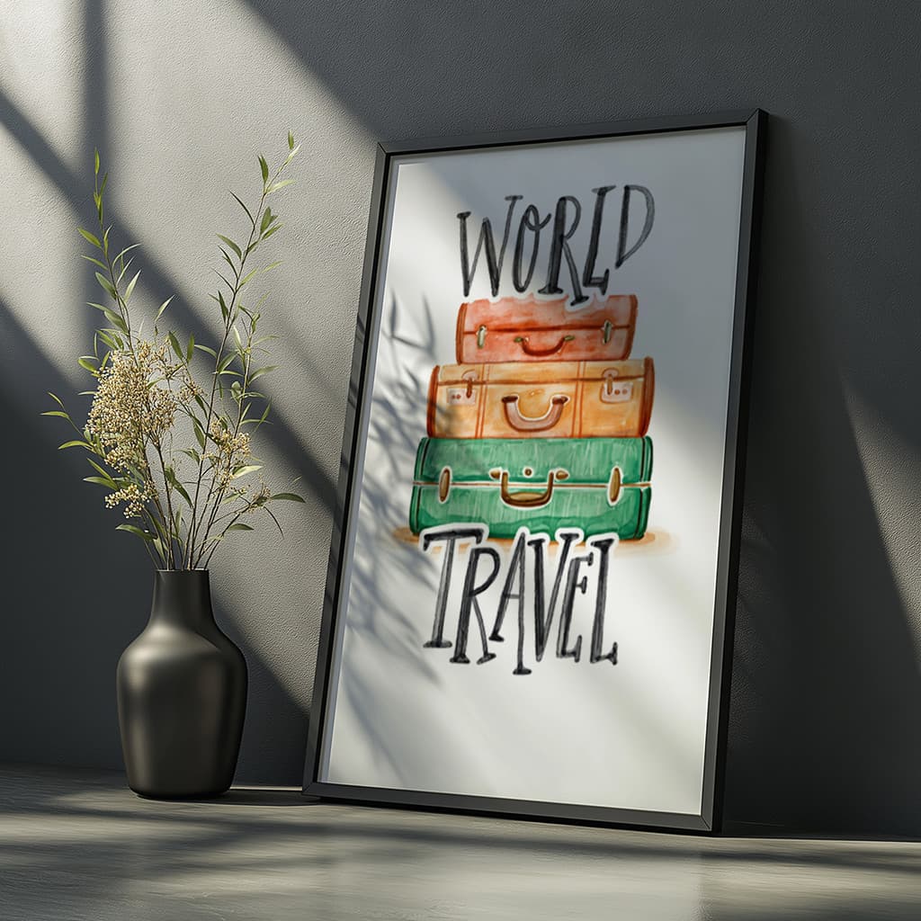 Quadro com Moldura World Travel Mala Viagem Vintage Aquarela Turismo Aventura