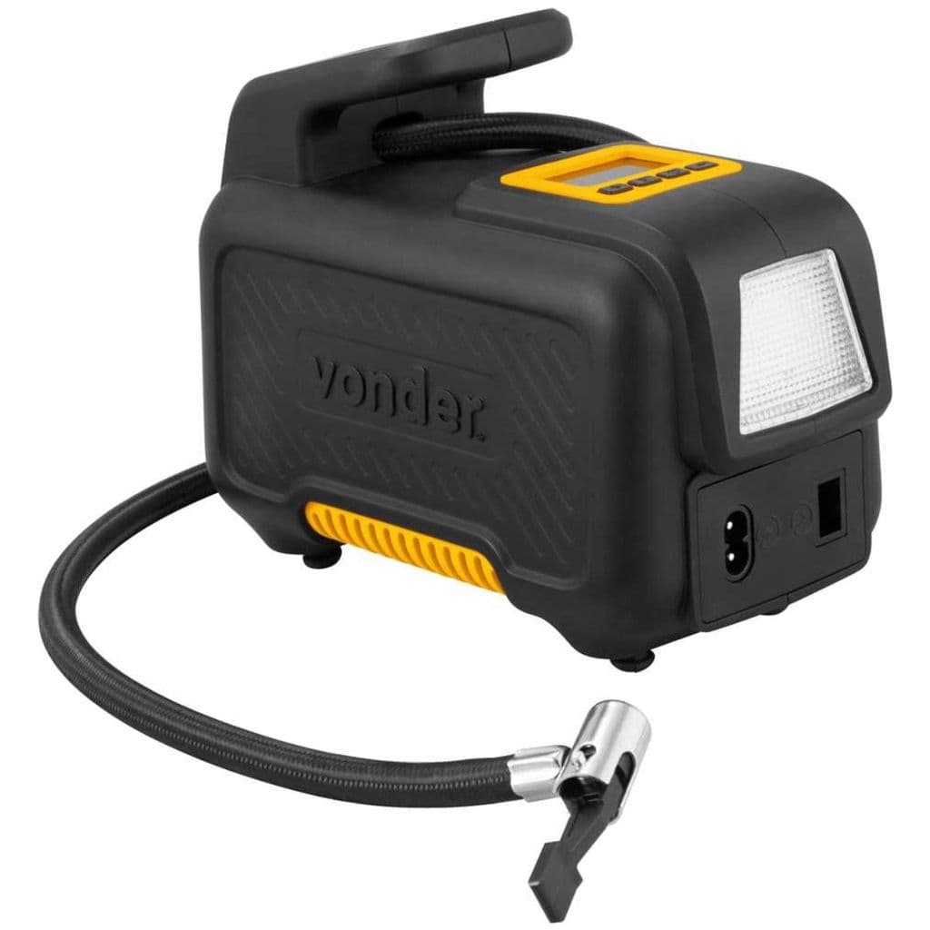Compressor de Ar Automotivo 12V ou Bivolt Automático CAV150 Vonder Portátil, preto e amarelo, com logo Vonder e conector de mangueira.