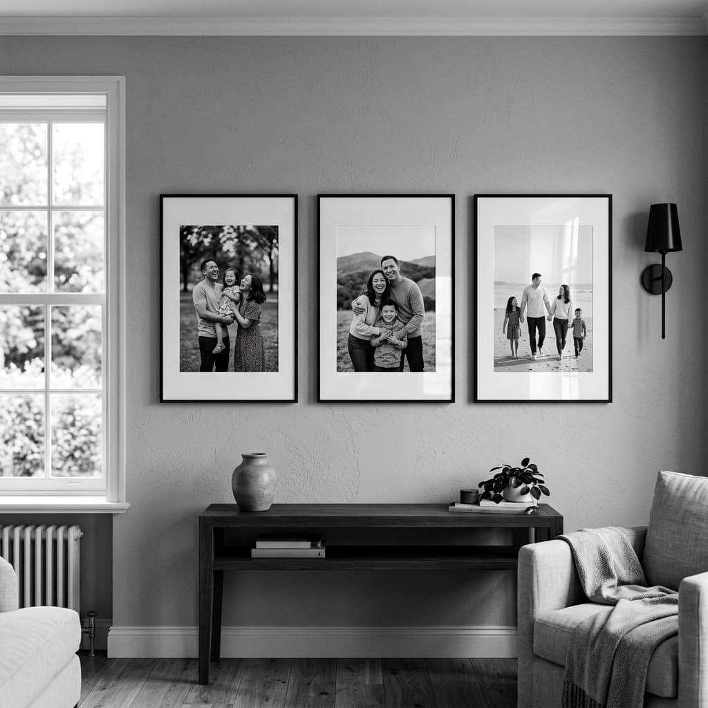 Kit de 3 quadros decorativos preto e branco para parede com molduras finas