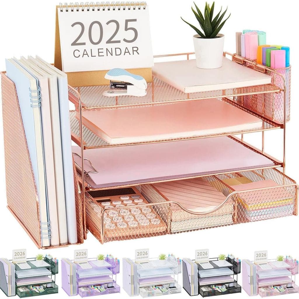 Organizador de mesa rose gold com compartimentos e suporte para arquivos, livros e plantas