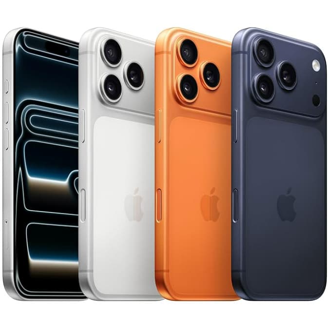 iPhone 17 Pro Max em azul, branco e laranja com câmera traseira tripla