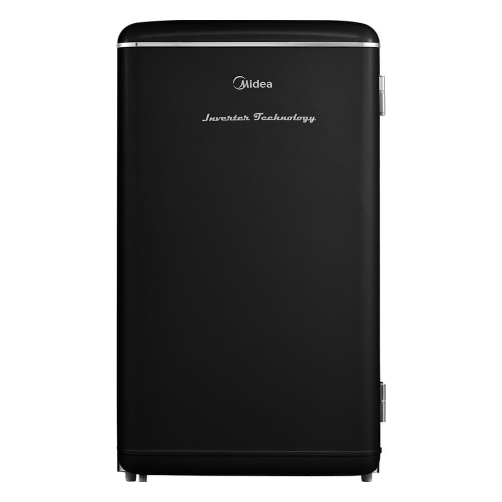 Frigobar retrô preto 93L inverter bivolt Midea com design vintage e bordas prateadas