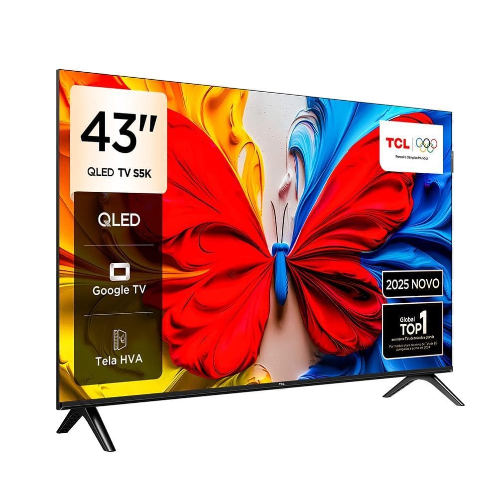Smart TV 43 polegadas QLED FHD TCL com Google TV, HDR10, Dolby Áudio e Bluetooth.