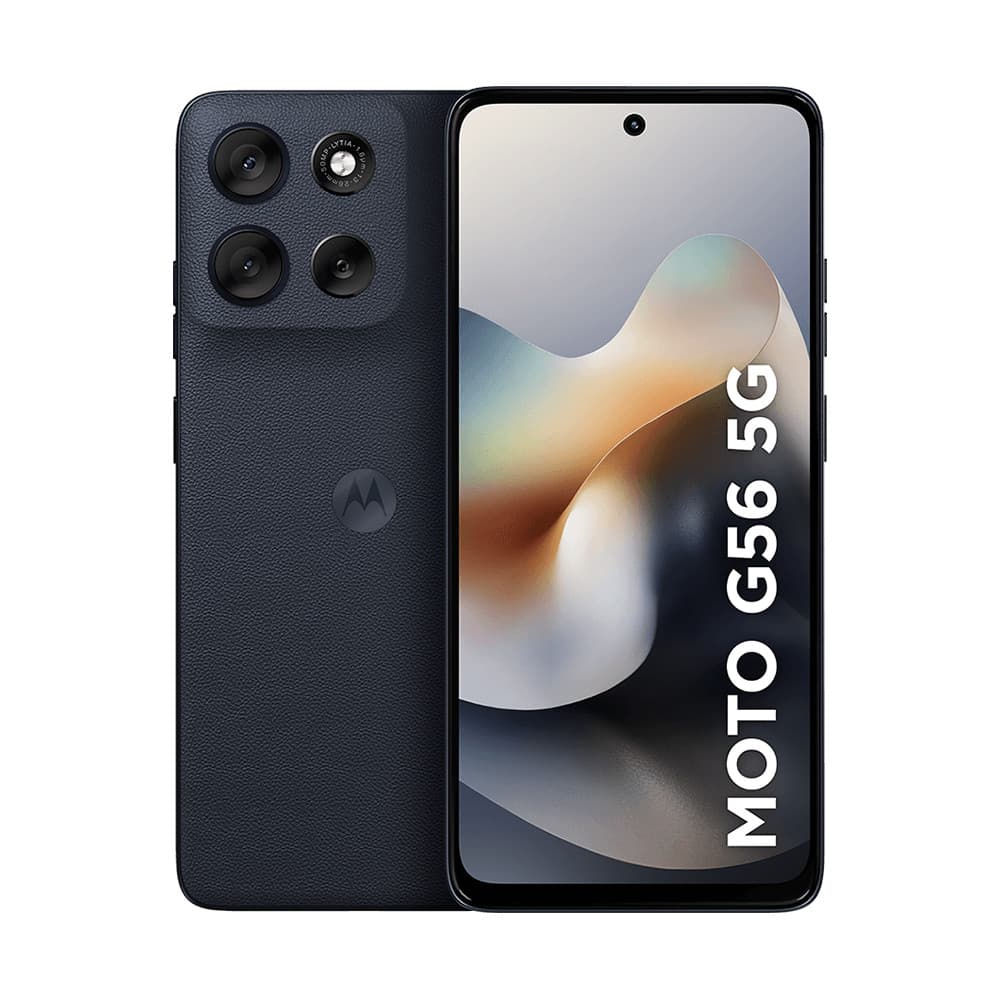 Smartphone Motorola Moto G56 5G, visão lateral, fundo branco, câmera quadrada, quatro lentes, tela abstrata multicolorida