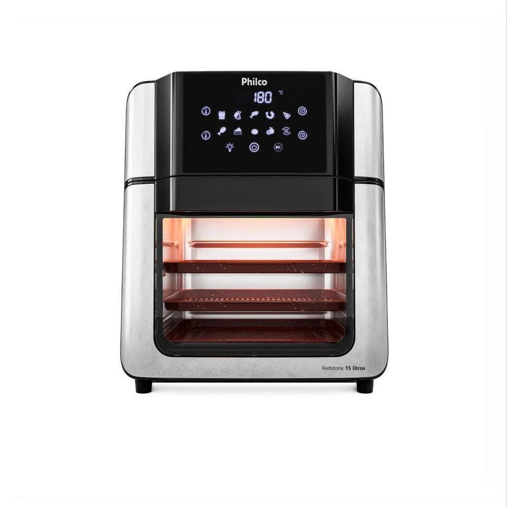 Fritadeira de ar Philco PAF15A 15L com painel digital, preto e prata, contra fundo branco