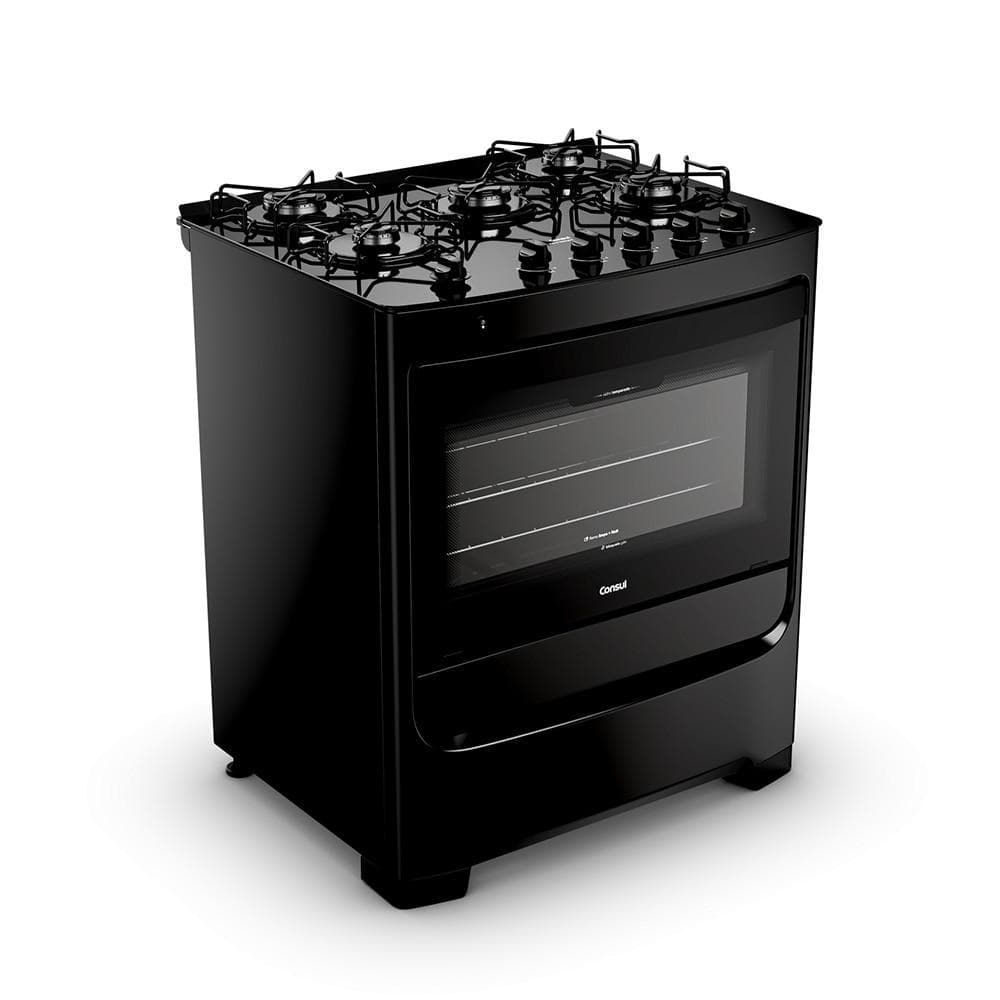 Fogão 5 Bocas Consul CFS5VBE Mesa de Vidro Preto com porta de vidro e janela de visualização