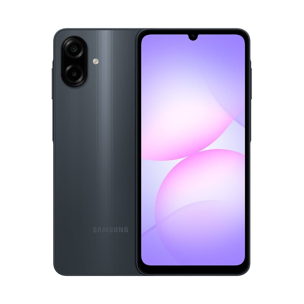 Visão frontal e traseira do smartphone SAMSUNG GALAXY A07 4G, preto metálico, com câmera dupla e logotipo da Samsung.