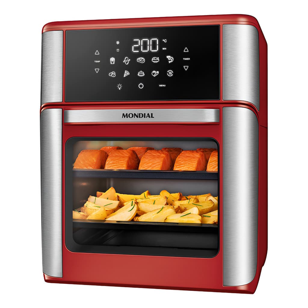 Fritadeira Air Fryer Forno Oven 12l Mondial 2000w Afon-12l-ri vermelha e prata com alimentos assados