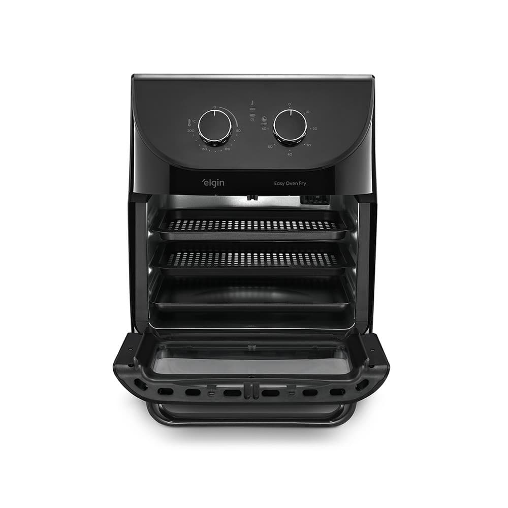 Fritadeira elétrica Easy Oven Fry 12 litros 1800W 220V, cor preta, com porta aberta, controles visíveis, fundo branco.