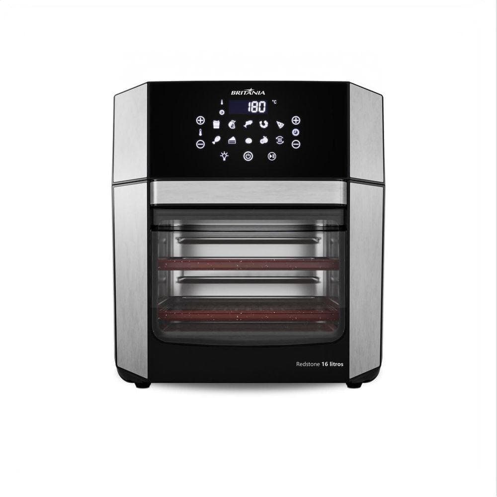 Fritadeira de ar Britânia 16L com quatro funções, porta removível e display digital, cor preta e prata.