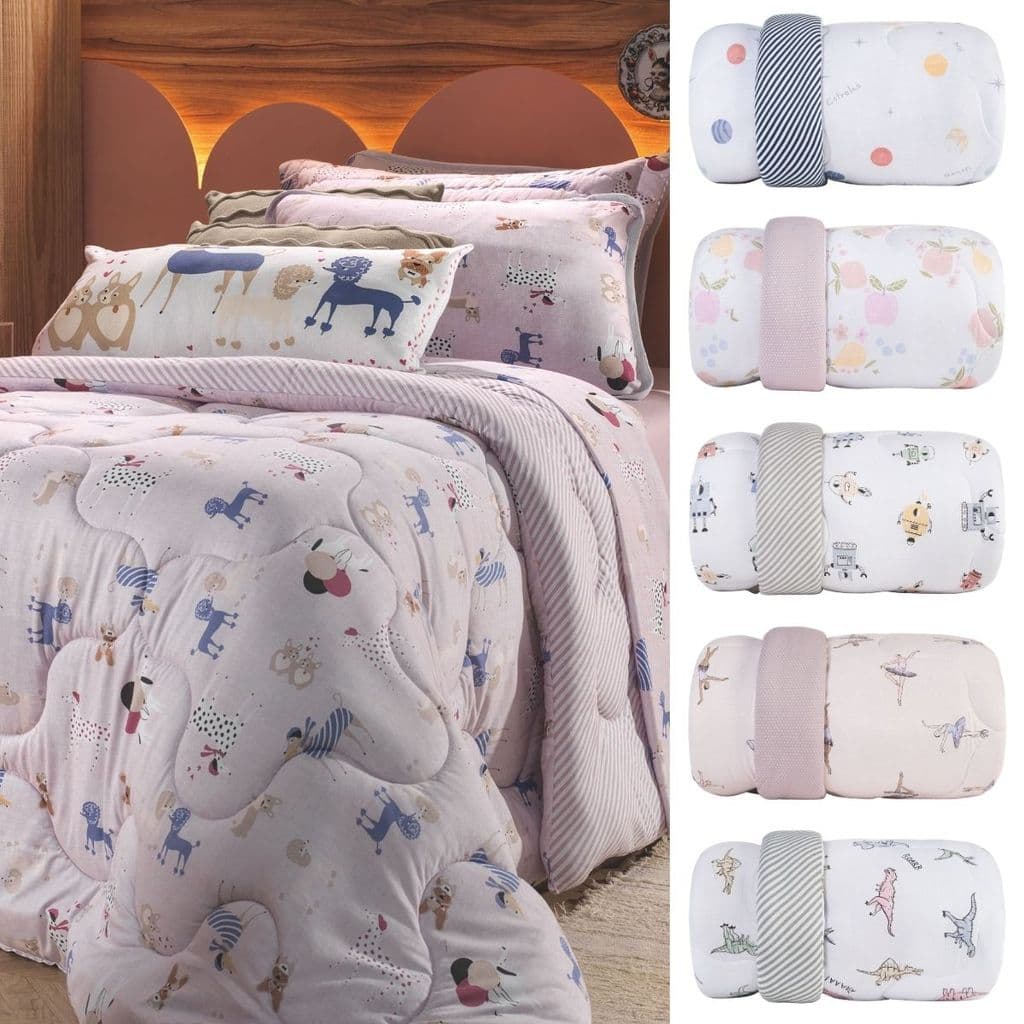 Edredom infantil com estampa de animais em cores pastel, conjunto com vários ângulos.