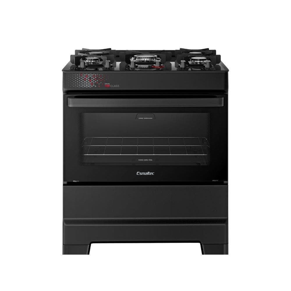 Fogão Esmaltec 5 Bocas Ideal Top Glass Mesa De Vidro Forno 84 Litros Preto T5VAP Bivolt