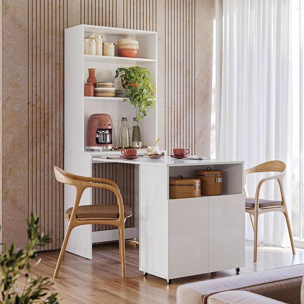 Armário multifuncional branco com escrivaninha retrátil em ambiente minimalista