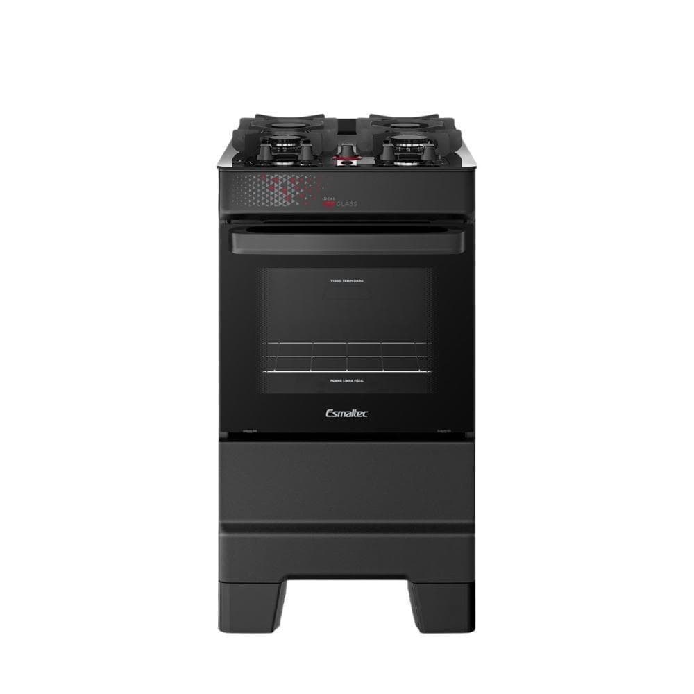 Fogão Esmaltec 4 bocas com mesa de vidro e forno 50 litros, preto