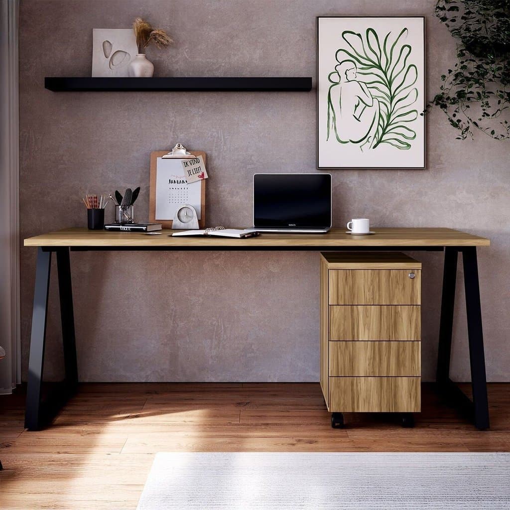 Mesa Escrivaninha 160cm e Gaveteiro com 4 Gavetas e Rodízios Industrial Executive
