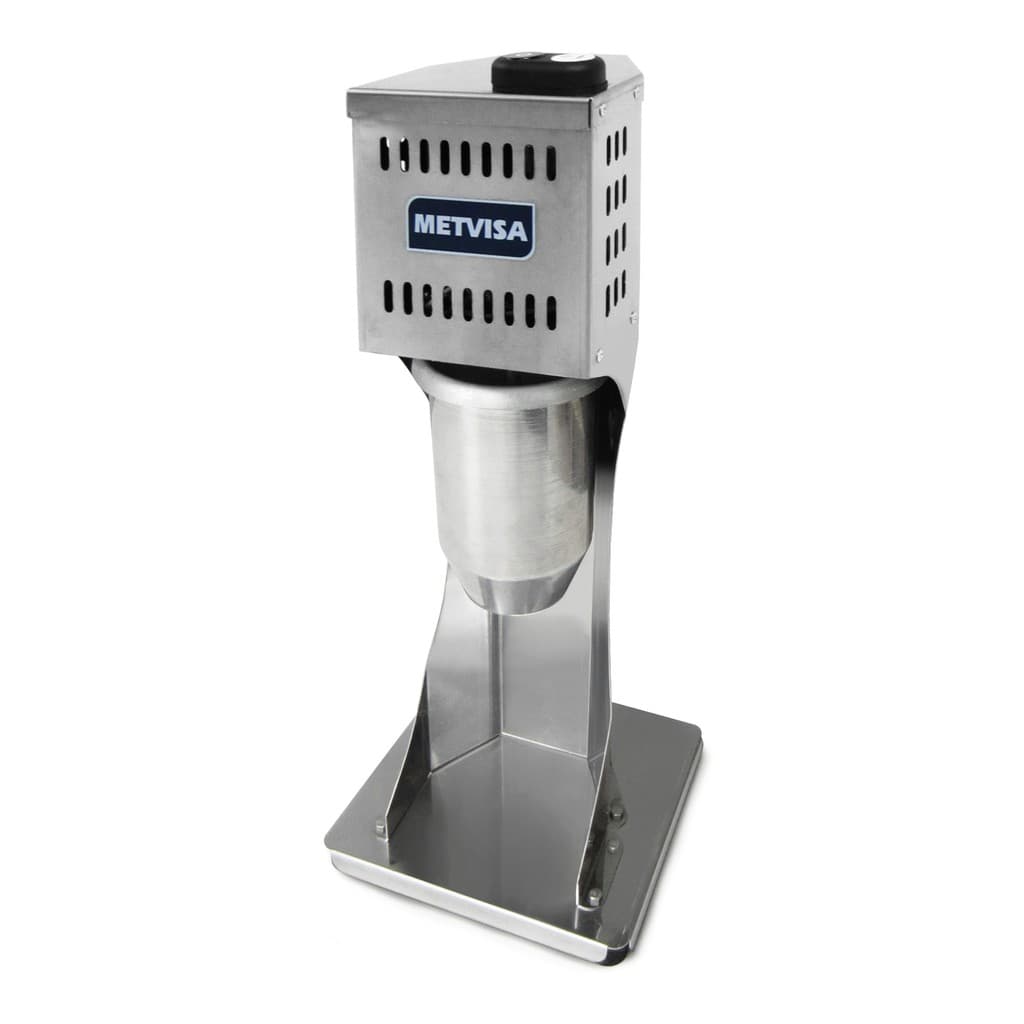 Batedor de milk shake BMK da Metvisa em aço inoxidável, com recipiente de mistura e ventilação, logo azul